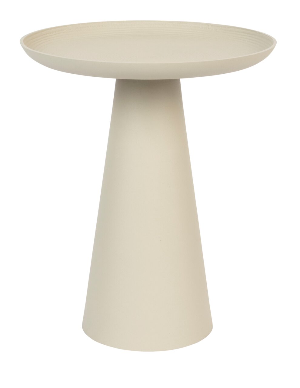Moderne, conische bijzettafel in beige, zijaanzicht