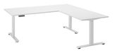 Weißer E-Eckschreibtisch mit höhenverstellbaren Beinen, seitliche Perspektive