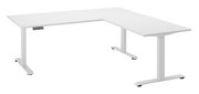 Weißer E-Eckschreibtisch mit höhenverstellbaren Beinen, seitliche Perspektive