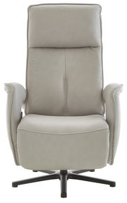 Grauer Relax-Sessel aus Leder, frontal fotografiert, mit hoher Rückenlehne und Armlehnen.