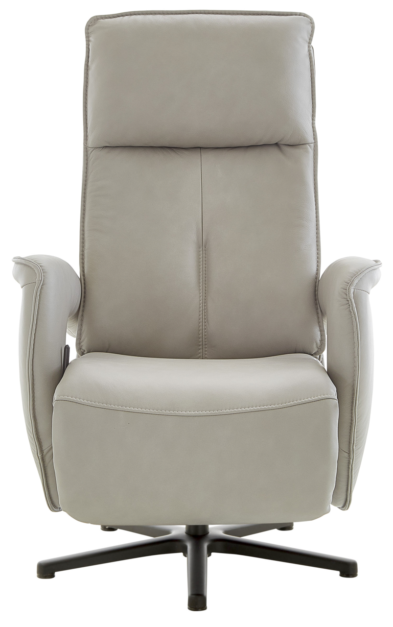 Grauer Relax-Sessel aus Leder, frontal fotografiert, mit hoher Rückenlehne und Armlehnen.