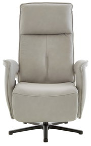 Grauer Relax-Sessel aus Leder, frontal fotografiert, mit hoher Rückenlehne und Armlehnen.