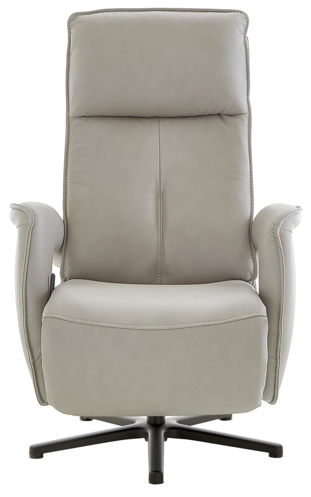 Grijze lederen relaxfauteuil, van voren gefotografeerd, met hoge rugleuning en armleuningen.
