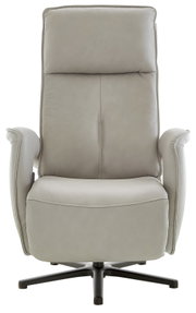 Grijze lederen relaxfauteuil, van voren gefotografeerd, met hoge rugleuning en armleuningen.