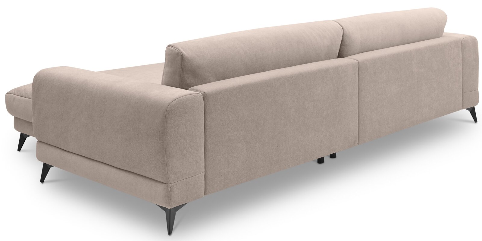 Beiges, modernes Ecksofa mit Recamiere/Longchair links, Stoffbezug und schwarzen Metallfüßen, Ansicht schräg von hinten/rechts