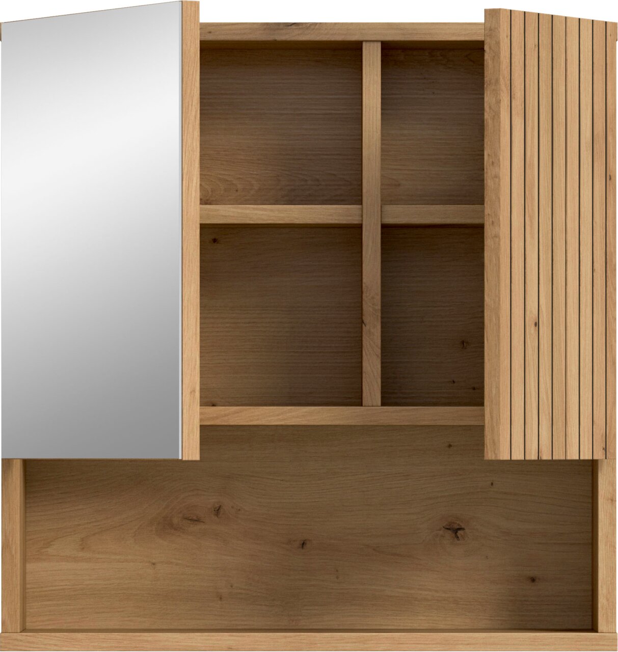 Teilansicht eines modernen Holzschranks/Sideboards mit offenem Fach, links einer glatten hellgrauen Türfront und rechts einer vertikal gerillten Holztür, frontal aus leicht seitlicher Perspektive