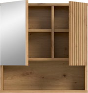 Teilansicht eines modernen Holzschranks/Sideboards mit offenem Fach, links einer glatten hellgrauen Türfront und rechts einer vertikal gerillten Holztür, frontal aus leicht seitlicher Perspektive