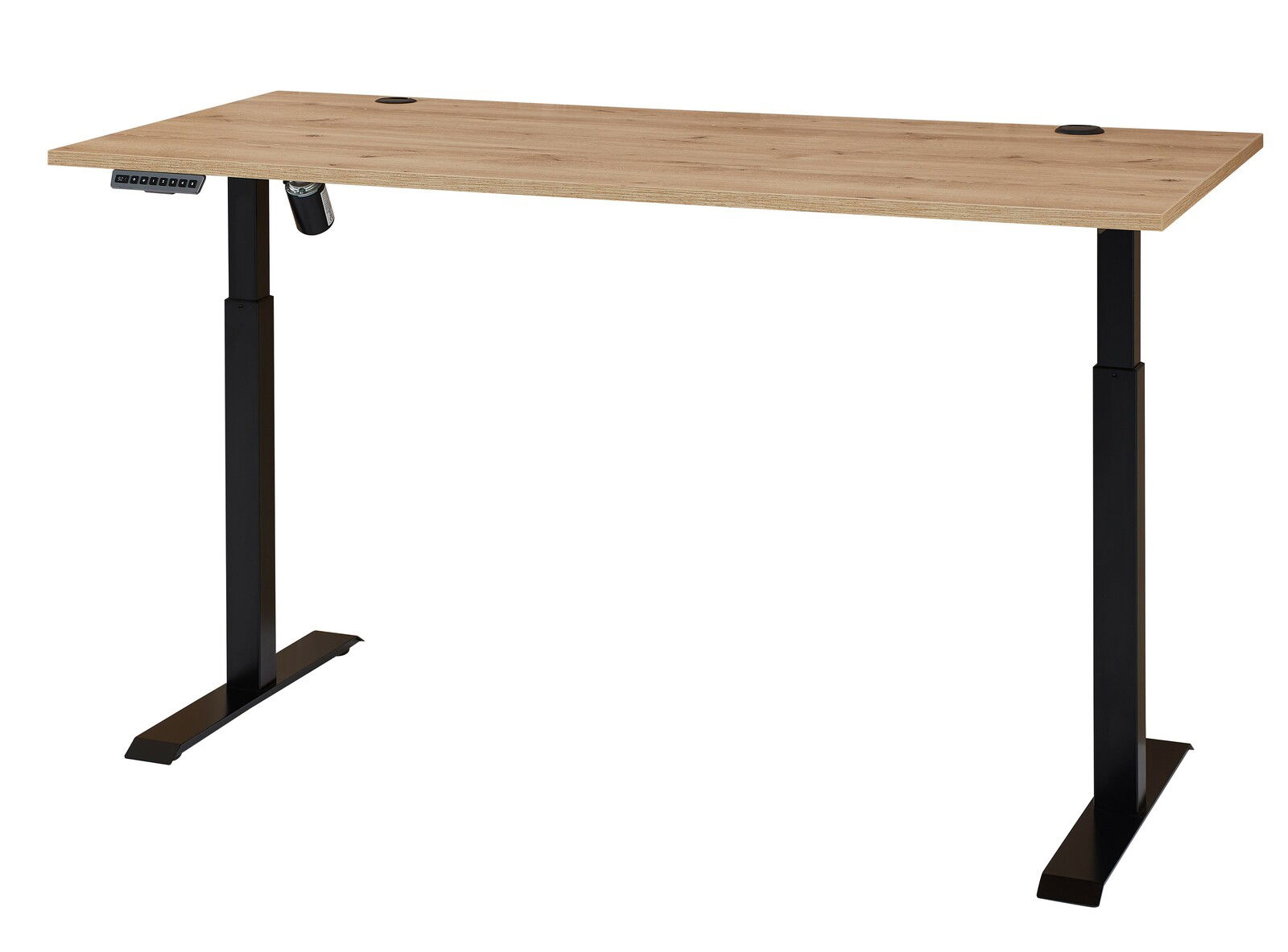 Elektrisch höhenverstellbarer Schreibtisch aus Melamin mit schwarzem Gestell, seitliche Perspektive