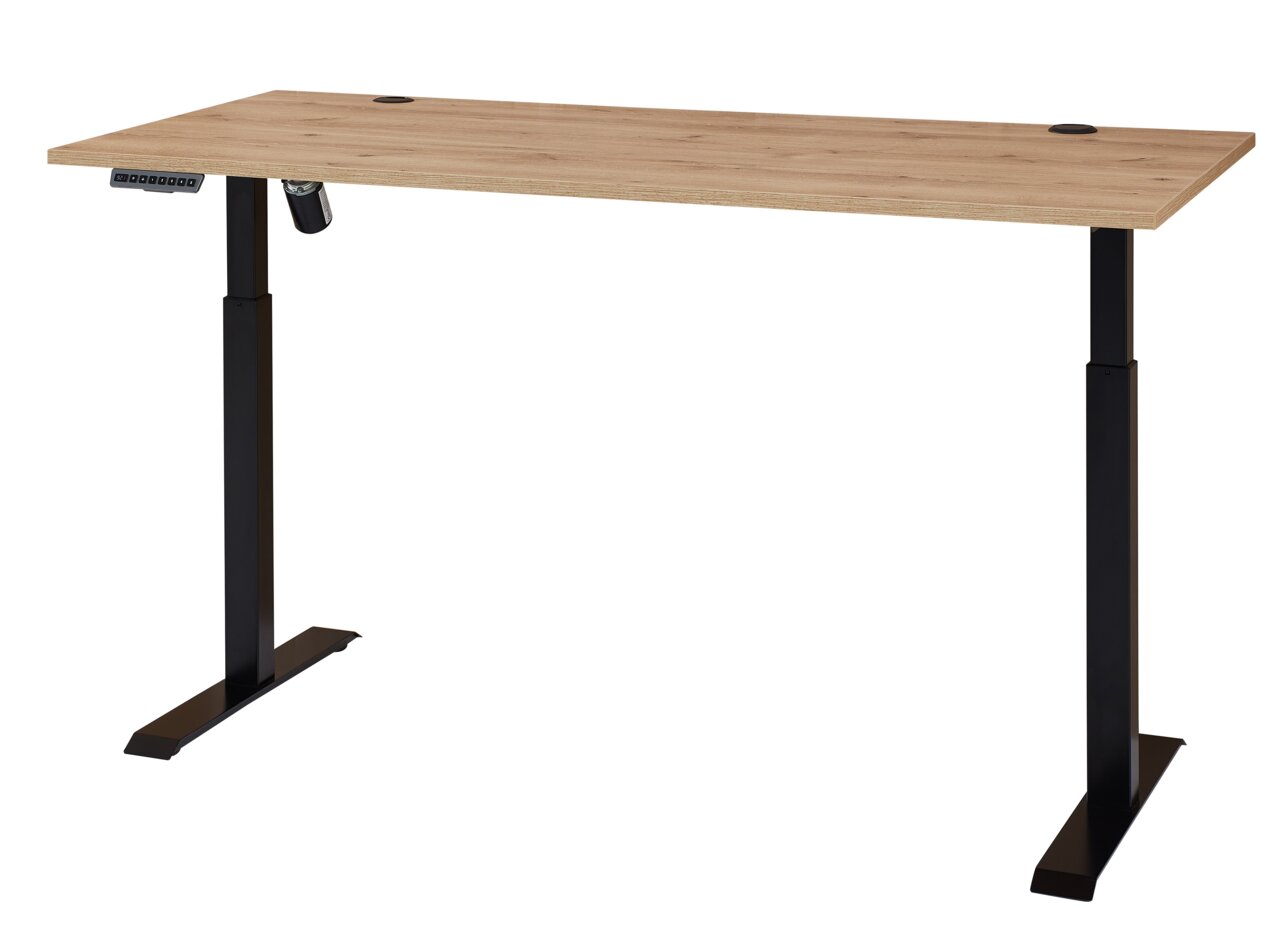 Elektrisch höhenverstellbarer Schreibtisch aus Melamin mit schwarzem Gestell, seitliche Perspektive