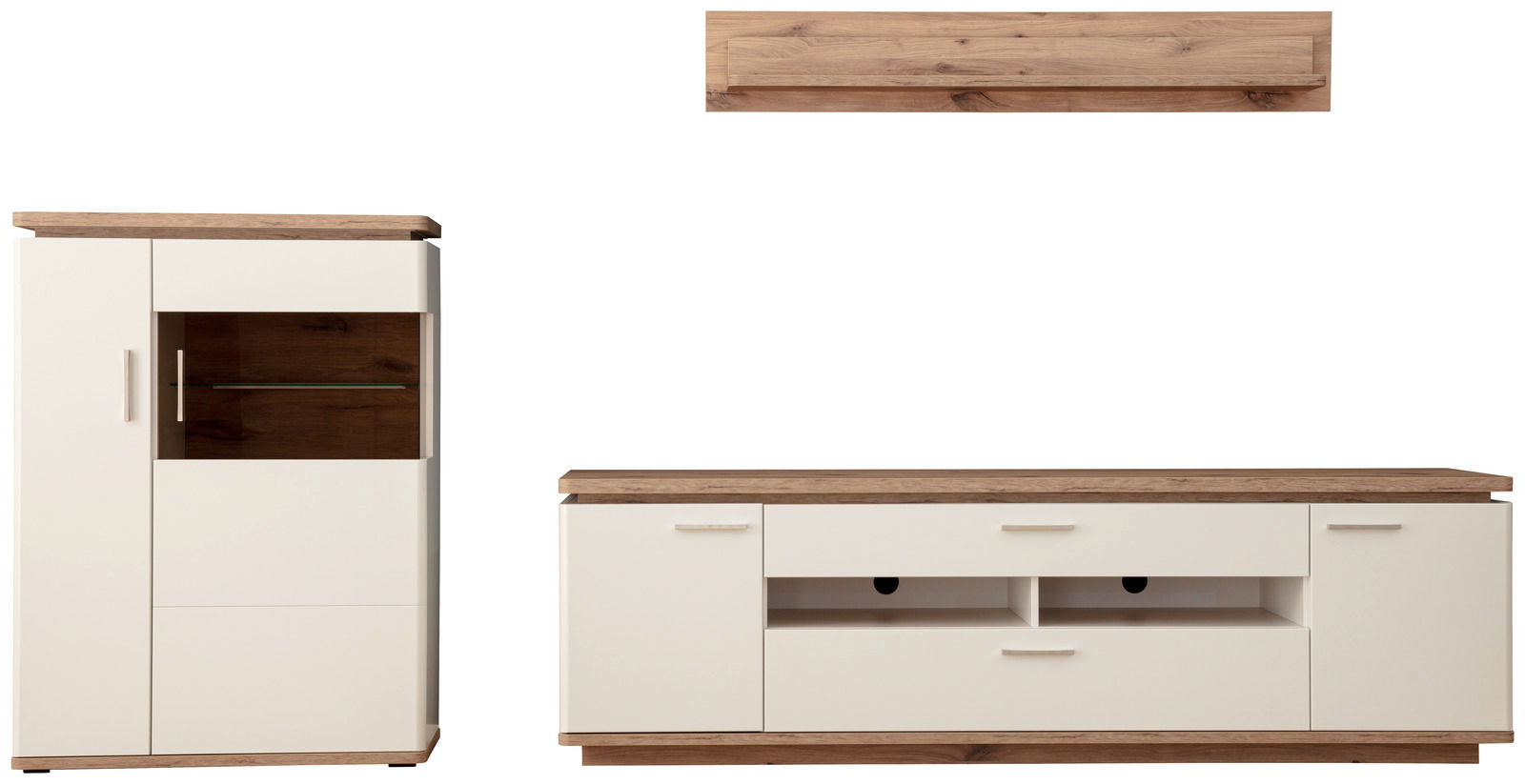 Frontale Ansicht einer modernen Wandkombination mit Holz- und Weißtönen, bestehend aus einem hohen Schrank, einem TV-Board und einem Wandregal.