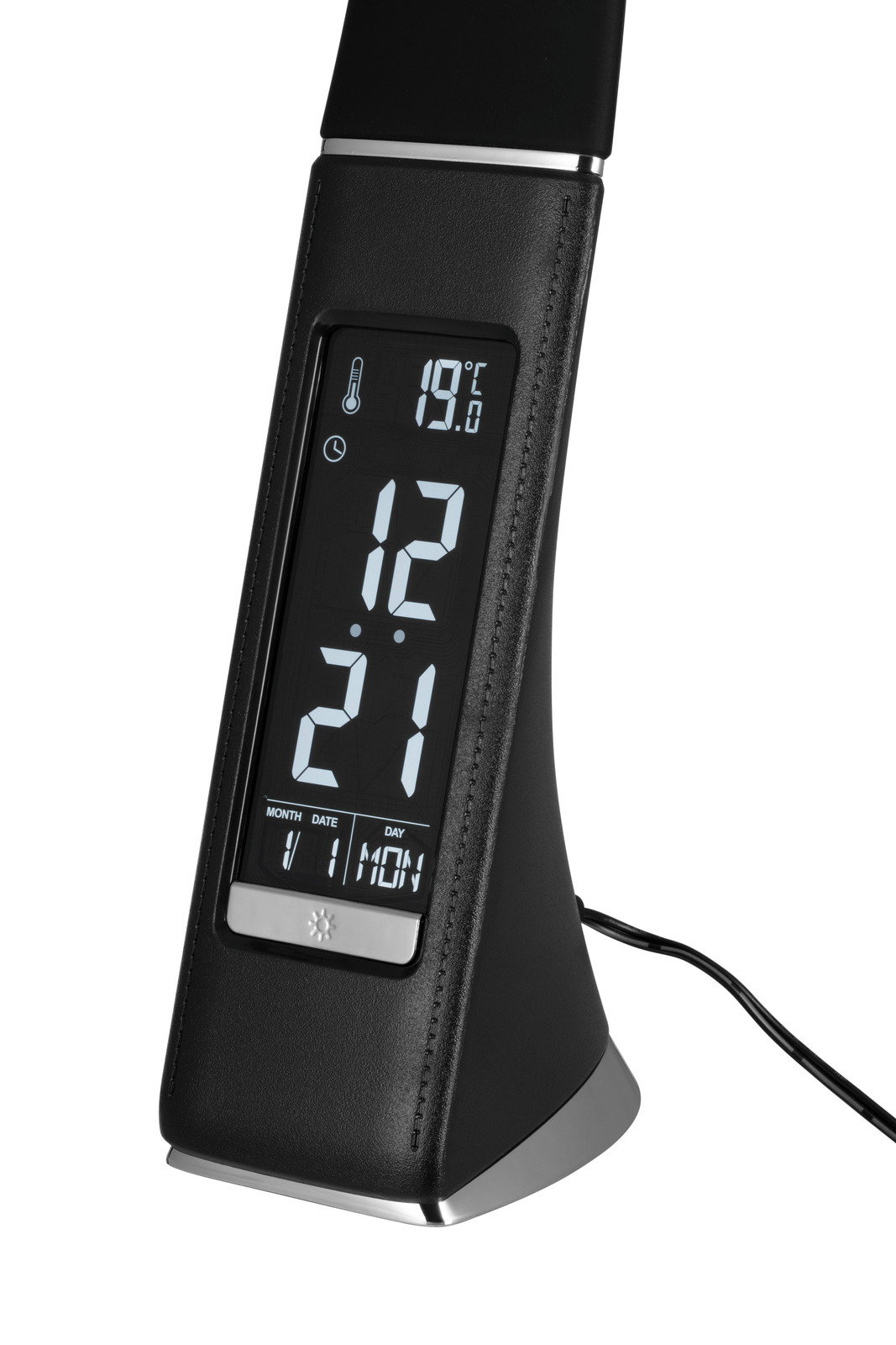 LED-Schreibtischleuchte mit integriertem Display, das Uhrzeit, Datum und Temperatur anzeigt. Perspektive: seitliche Ansicht.