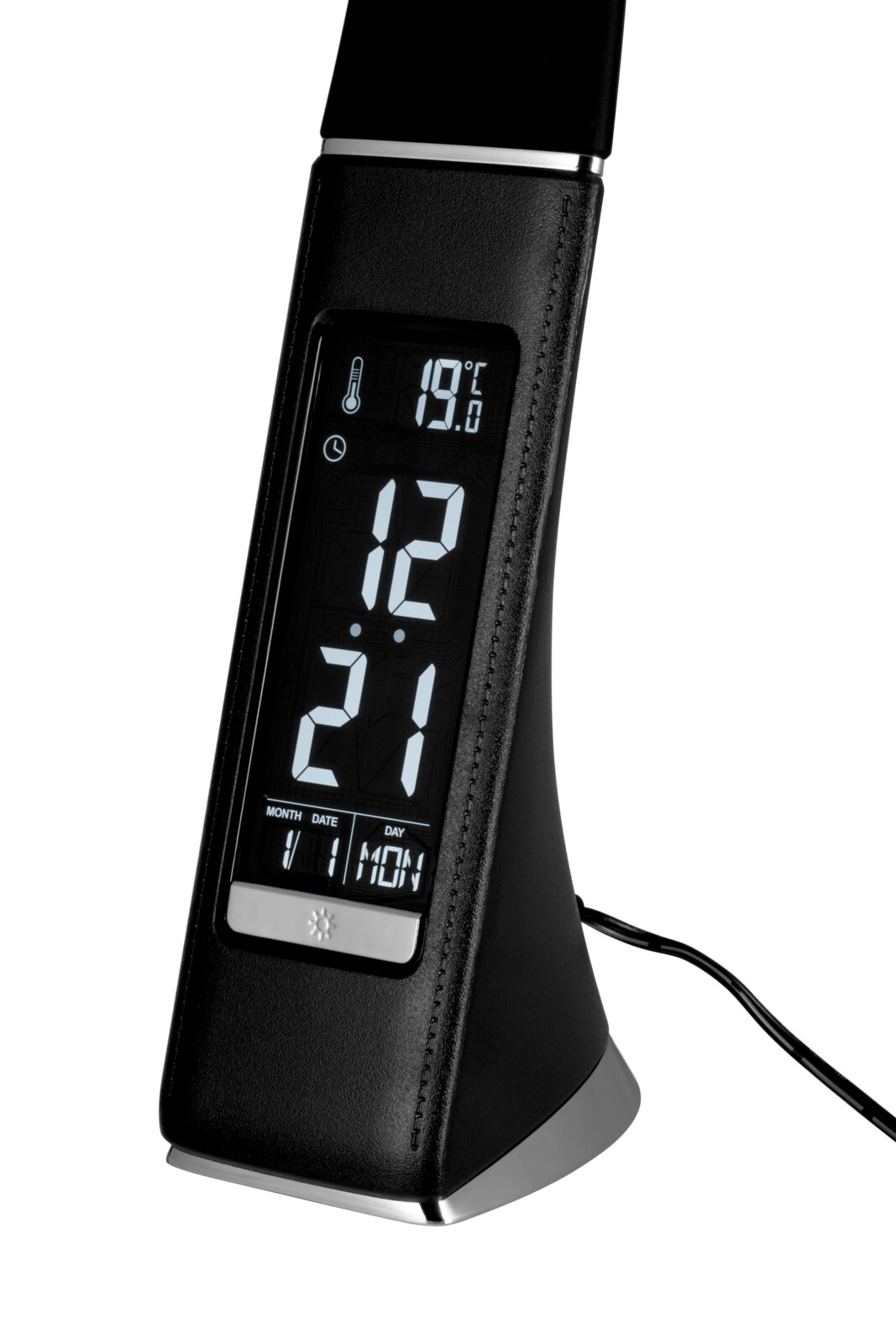 Novel LED-Schreibtischlampe DATE 2 LED-Schreibtischleuchte mit integriertem Display, das Uhrzeit, Datum und Temperatur anzeigt. Perspektive: seitliche Ansicht.