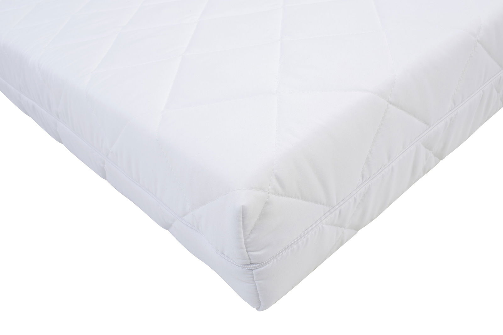 Ecke einer weißen Bonellfederkernmatratze in Nahaufnahme, perspektivisch von der Seite fotografiert