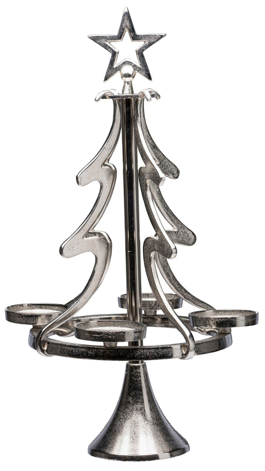 Silberner Kerzenhalter in Form eines Tannenbaums mit Stern an der Spitze, frontal abgebildet.