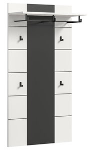 Moderne Wandgarderobe in Weiß mit schwarzem Mittelpanel, vier Haken und oberer Kleiderstange, Frontansicht leicht schräg von links