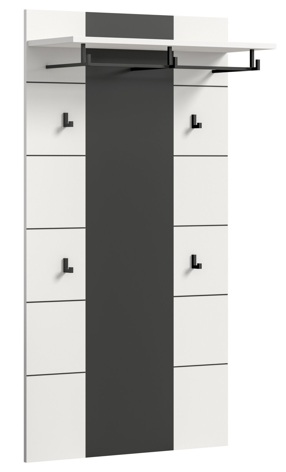 MID.YOU Garderobenpaneel CANU Moderne Wandgarderobe in Weiß mit schwarzem Mittelpanel, vier Haken und oberer Kleiderstange, Frontansicht leicht schräg von links