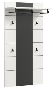 Moderne Wandgarderobe in Weiß mit schwarzem Mittelpanel, vier Haken und oberer Kleiderstange, Frontansicht leicht schräg von links