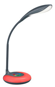 Moderne Tischleuchte Krait in Anthrazit mit flexiblem Hals und farbigem Sockel, seitliche Perspektive