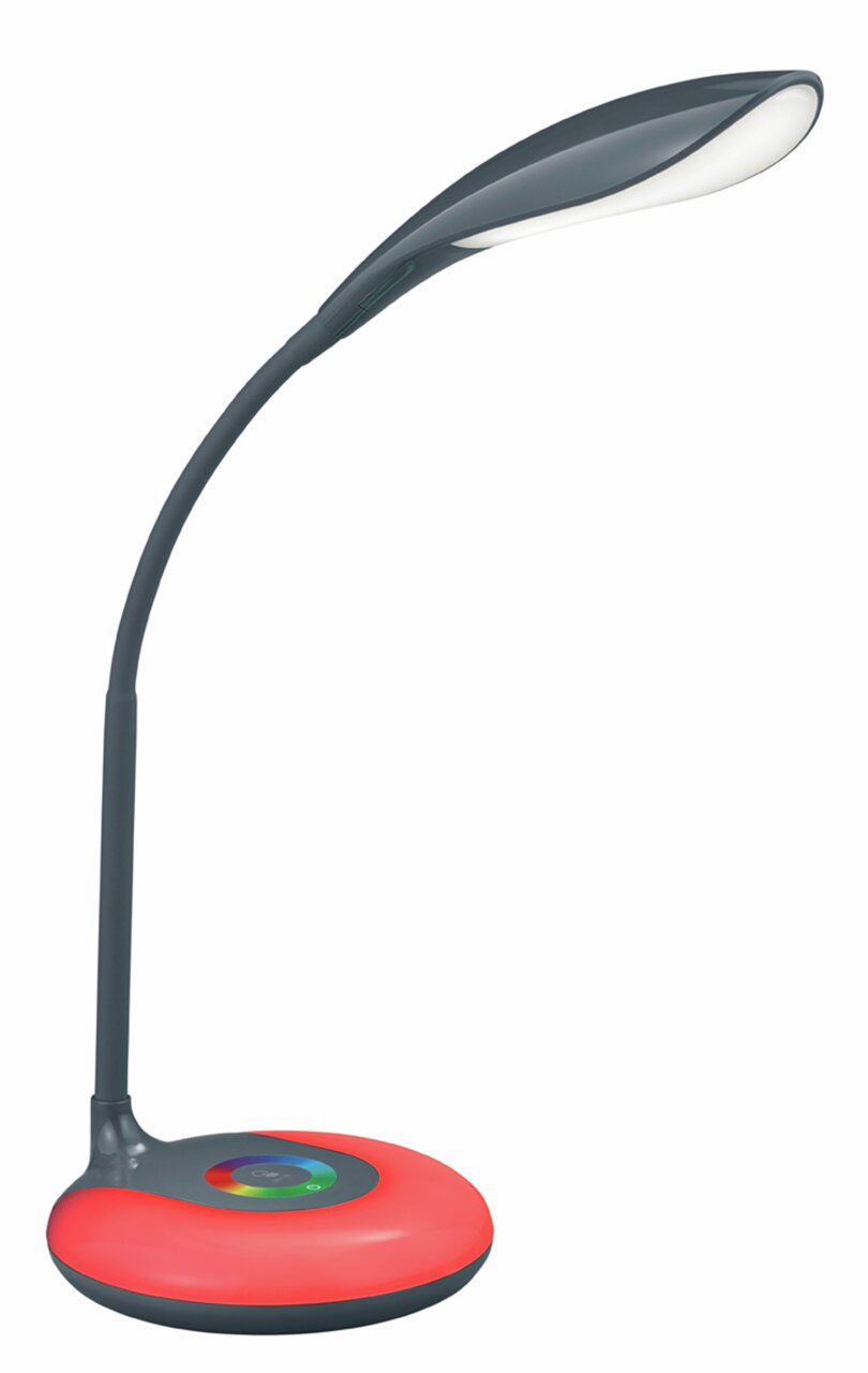 Moderne Tischleuchte Krait in Anthrazit mit flexiblem Hals und farbigem Sockel, seitliche Perspektive