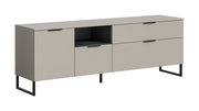 Modernes Sideboard in Greige mit schwarzen Metallfüßen und Griffen, links eine Tür, mittig ein offenes Fach und eine Tür, rechts zwei Schubladen; Ansicht schräg von vorne.