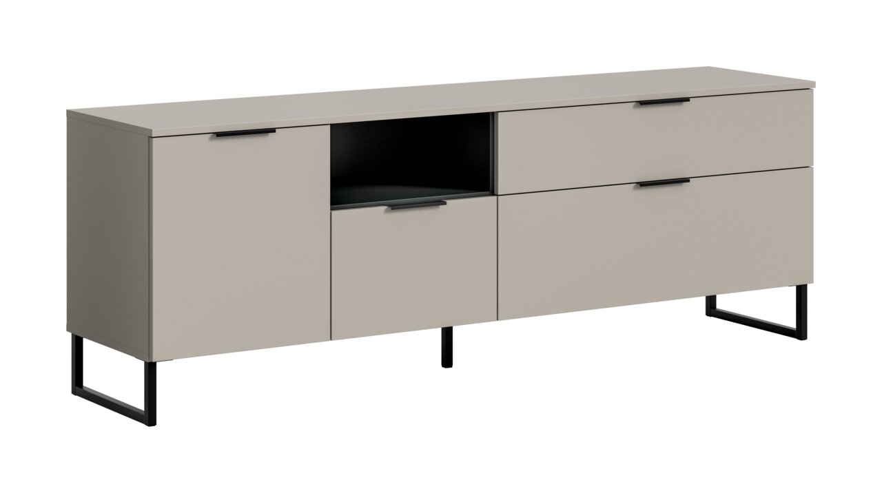 MID.YOU TV Lowboard NOIDA Modernes Sideboard in Greige mit schwarzen Metallfüßen und Griffen, links eine Tür, mittig ein offenes Fach und eine Tür, rechts zwei Schubladen; Ansicht schräg von vorne.