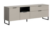 Modernes Sideboard in Greige mit schwarzen Metallfüßen und Griffen, links eine Tür, mittig ein offenes Fach und eine Tür, rechts zwei Schubladen; Ansicht schräg von vorne.