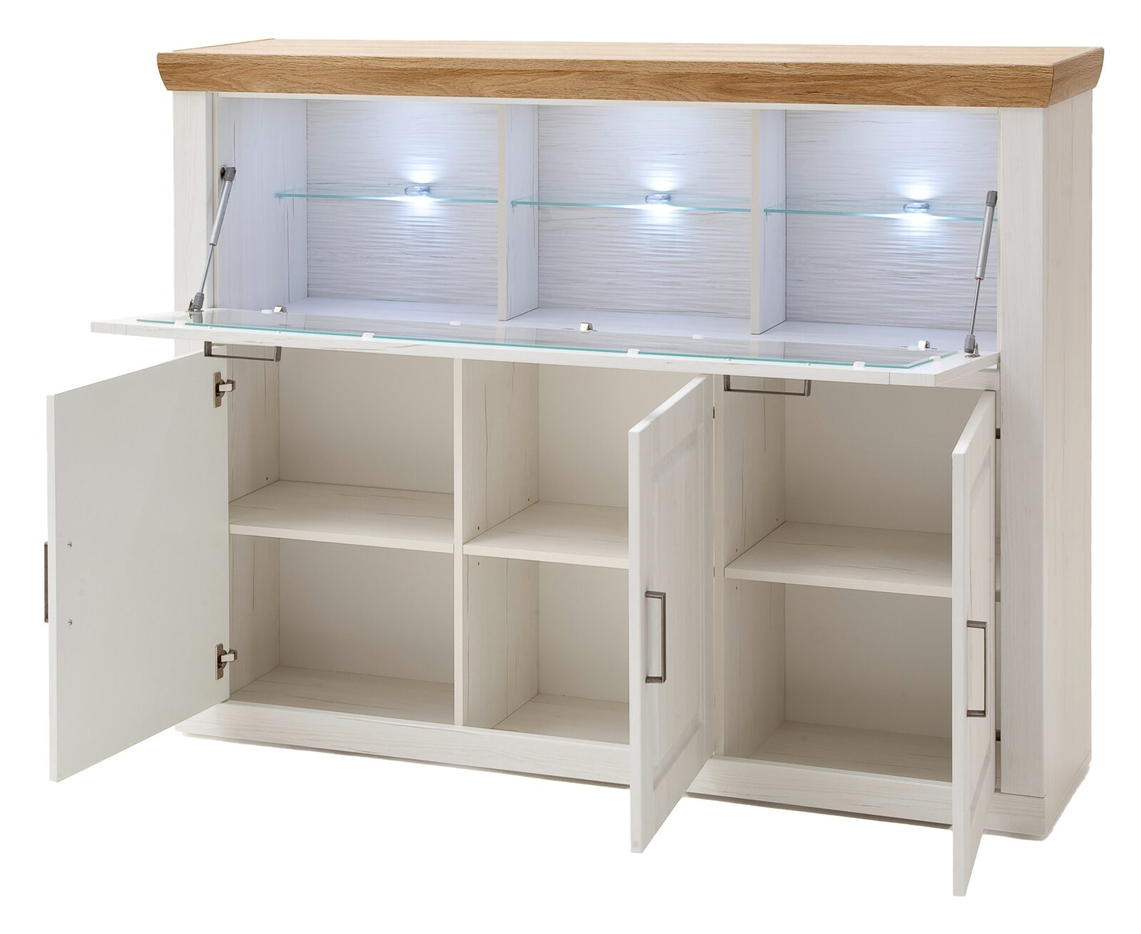 Weißer Buffet- bzw. Anrichtenschrank im Landhausstil mit Holzoptik-Abdeckplatte, geöffneten Türen, Glasablage und LED-Beleuchtung, Frontansicht leicht von links