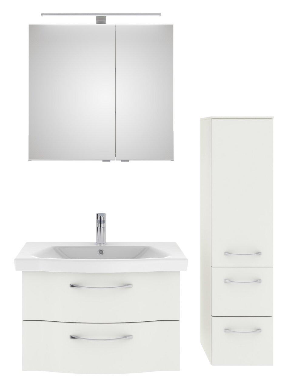 Badezimmermöbel-Set bestehend aus einem Spiegelschrank mit Beleuchtung, einem Waschbeckenunterschrank mit zwei Schubladen und einem hohen Seitenschrank, frontal abgebildet.