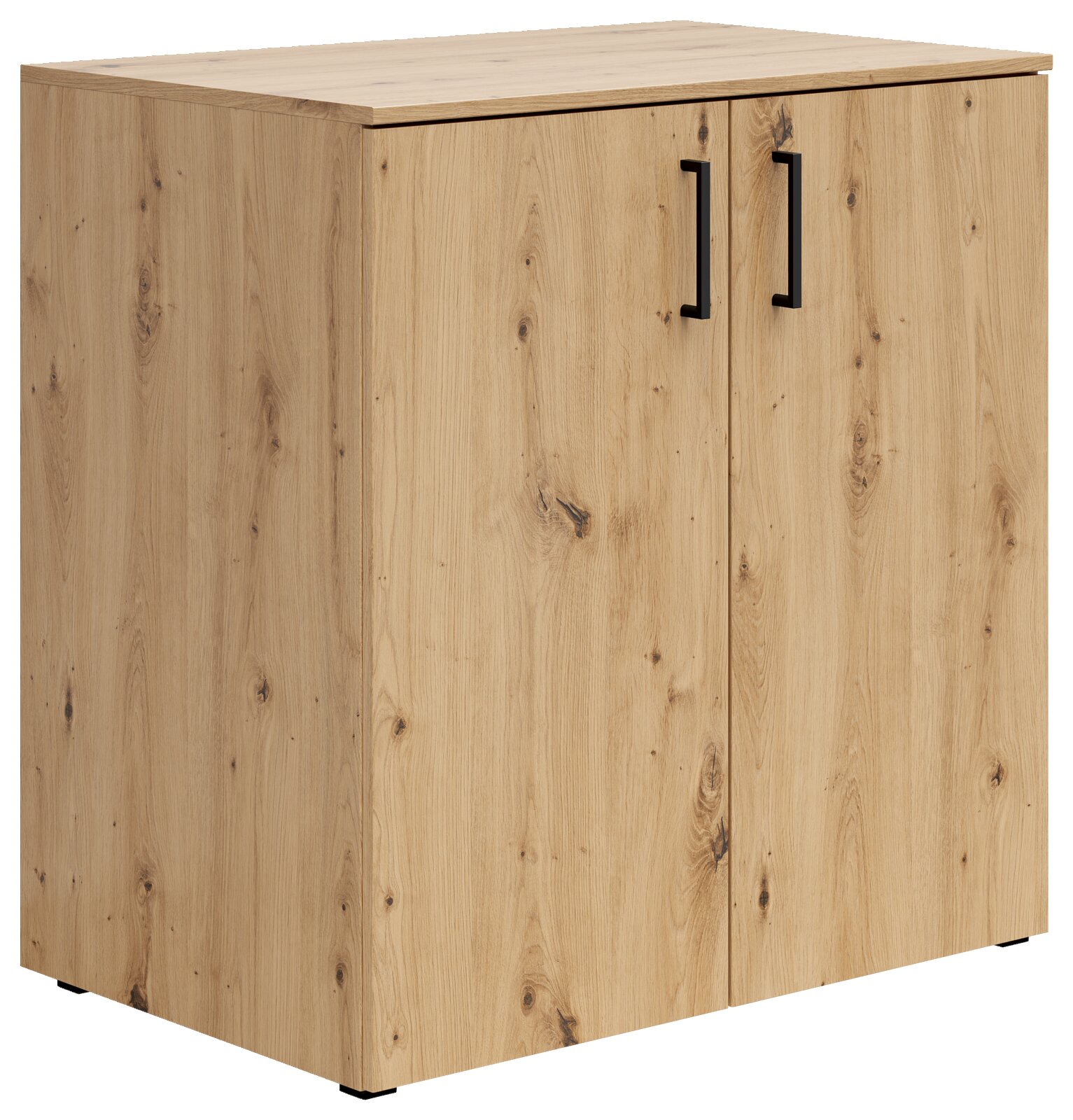 Kommode aus hellem Holz mit zwei Türen und schwarzen Griffen, seitliche Perspektive