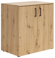 Commode van licht hout met twee deuren en zwarte handgrepen, zijaanzicht