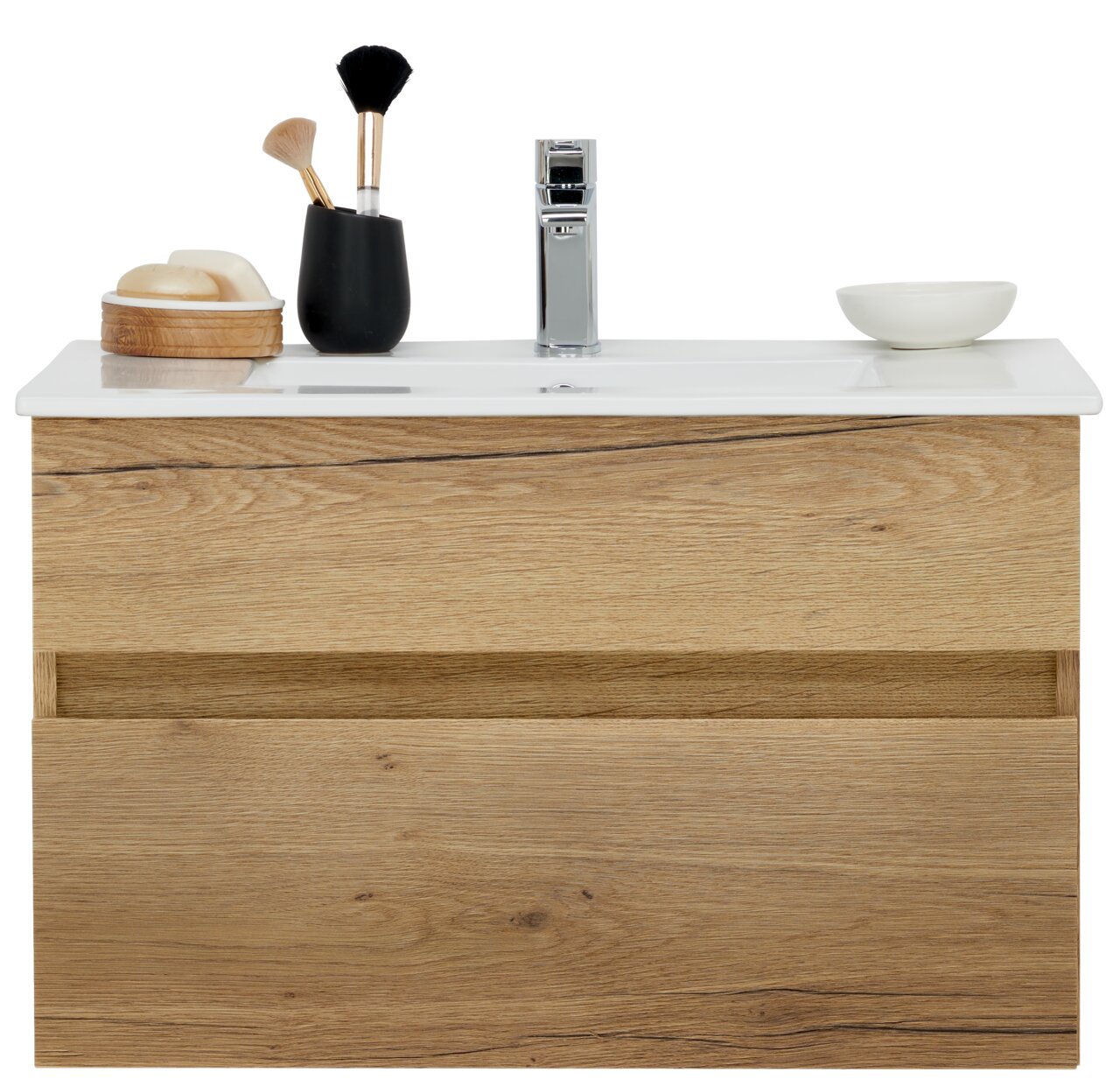 Novel Waschtisch-Set NV.210 Frontansicht eines modernen Waschtisch-Sets mit Holzoptik, weißem Waschbecken und Chromarmatur, dekoriert mit Seife und Bürsten.