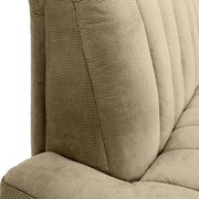 Nahaufnahme einer 2,5er-Sitzbank mit strukturiertem Stoffbezug in Beige, seitliche Perspektive.