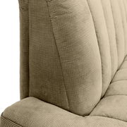 Nahaufnahme einer 2,5er-Sitzbank mit strukturiertem Stoffbezug in Beige, seitliche Perspektive.
