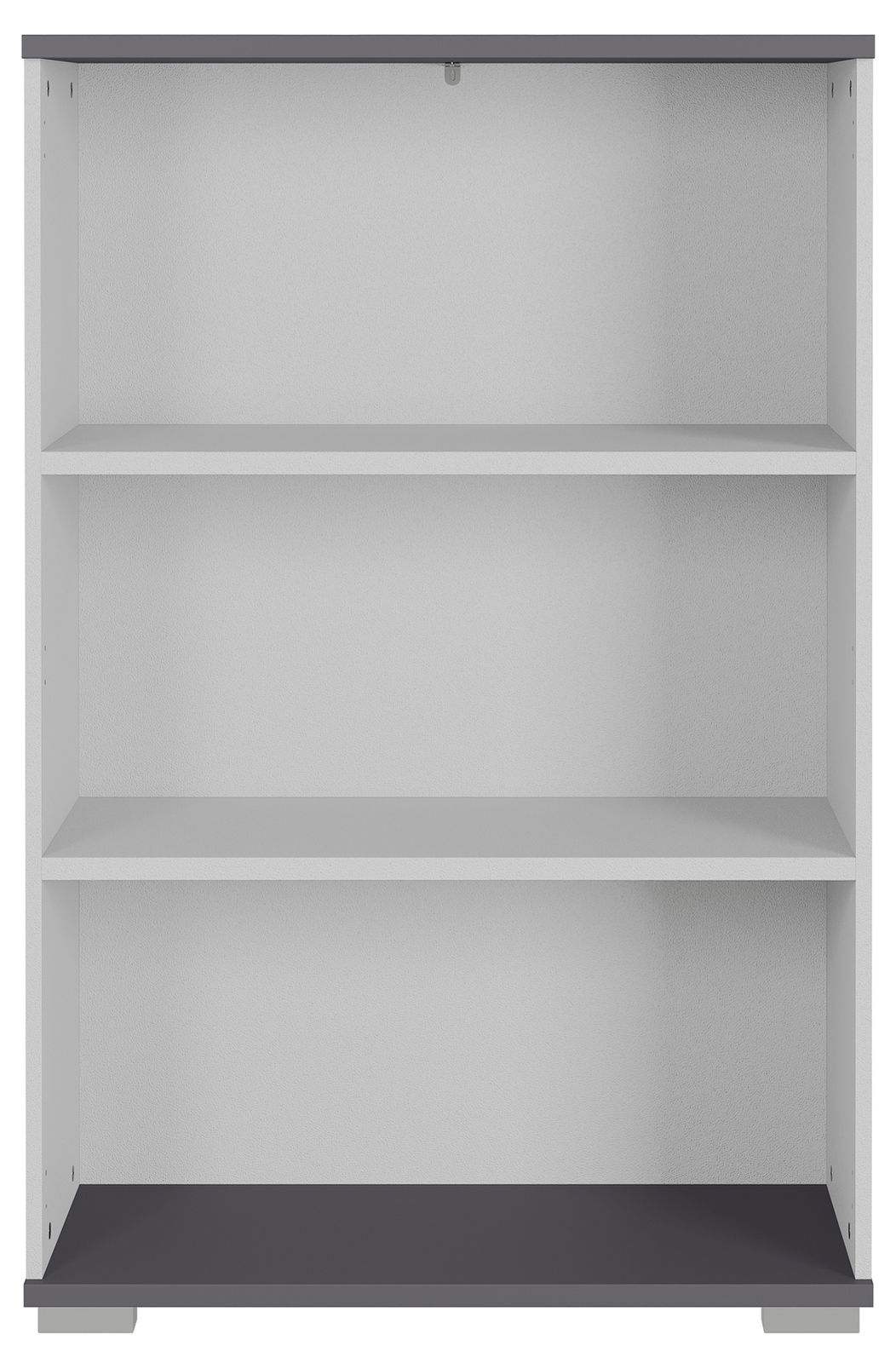 MID.YOU Aktenregal PROFI 2.0 Frontale Ansicht eines weißen Aktenregals mit drei offenen Fächern und grauer Ober- und Unterseite.