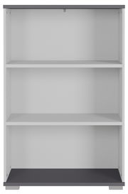 Frontale Ansicht eines weißen Aktenregals mit drei offenen Fächern und grauer Ober- und Unterseite.