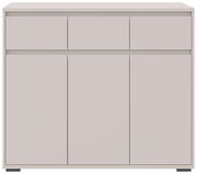 Frontansicht eines modernen, minimalistischen Sideboards mit drei Schubladen und drei Türen in neutralem Farbton.