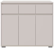 Frontansicht eines modernen, minimalistischen Sideboards mit drei Schubladen und drei Türen in neutralem Farbton.