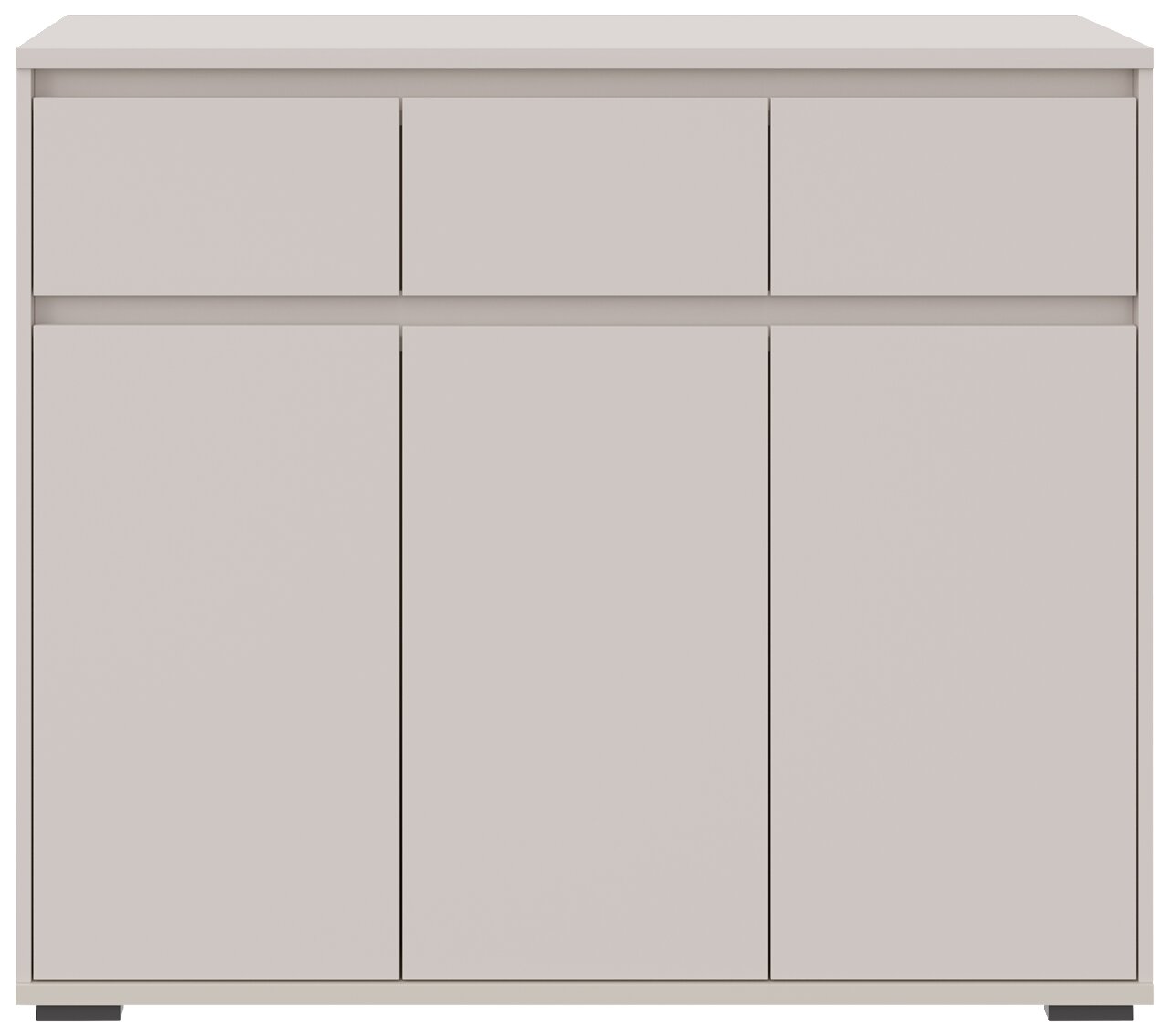 Frontansicht eines modernen, minimalistischen Sideboards mit drei Schubladen und drei Türen in neutralem Farbton.