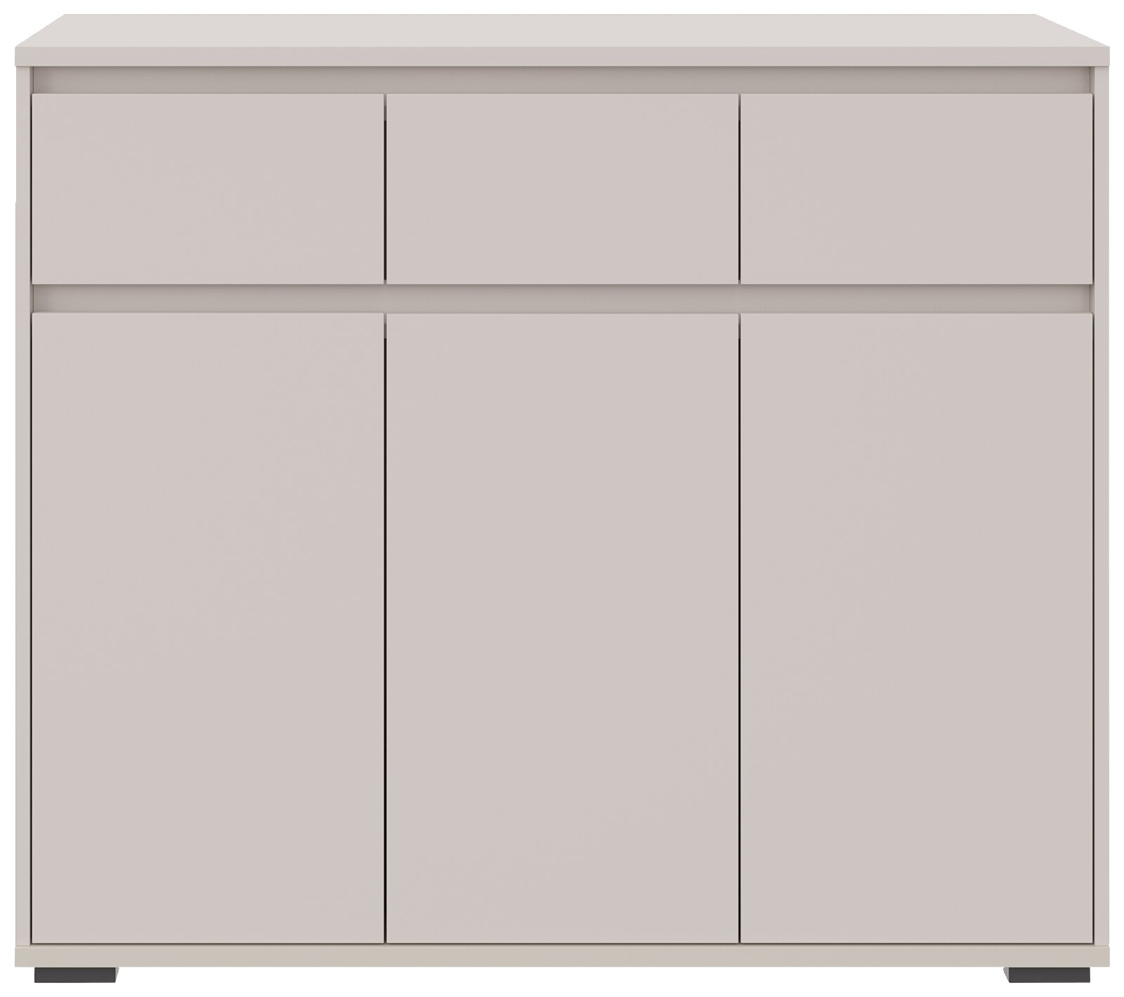 Frontansicht eines modernen, minimalistischen Sideboards mit drei Schubladen und drei Türen in neutralem Farbton.