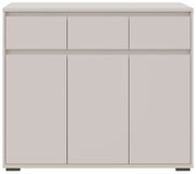 Frontansicht eines modernen, minimalistischen Sideboards mit drei Schubladen und drei Türen in neutralem Farbton.