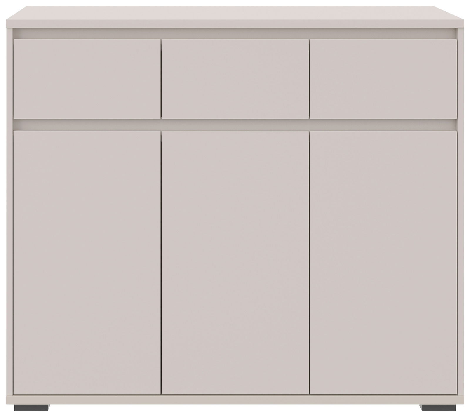 Frontansicht eines modernen, minimalistischen Sideboards mit drei Schubladen und drei Türen in neutralem Farbton.