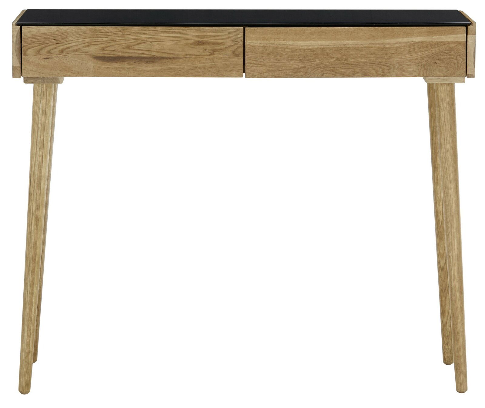 Holzkonsole mit zwei Schubladen und schwarzer Tischplatte, Frontalansicht
