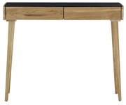 Holzkonsole mit zwei Schubladen und schwarzer Tischplatte, Frontalansicht