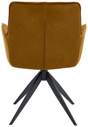 Rückansicht eines modernen Design-Schalensessels mit braunem Bezug und schwarzem Metallgestell.