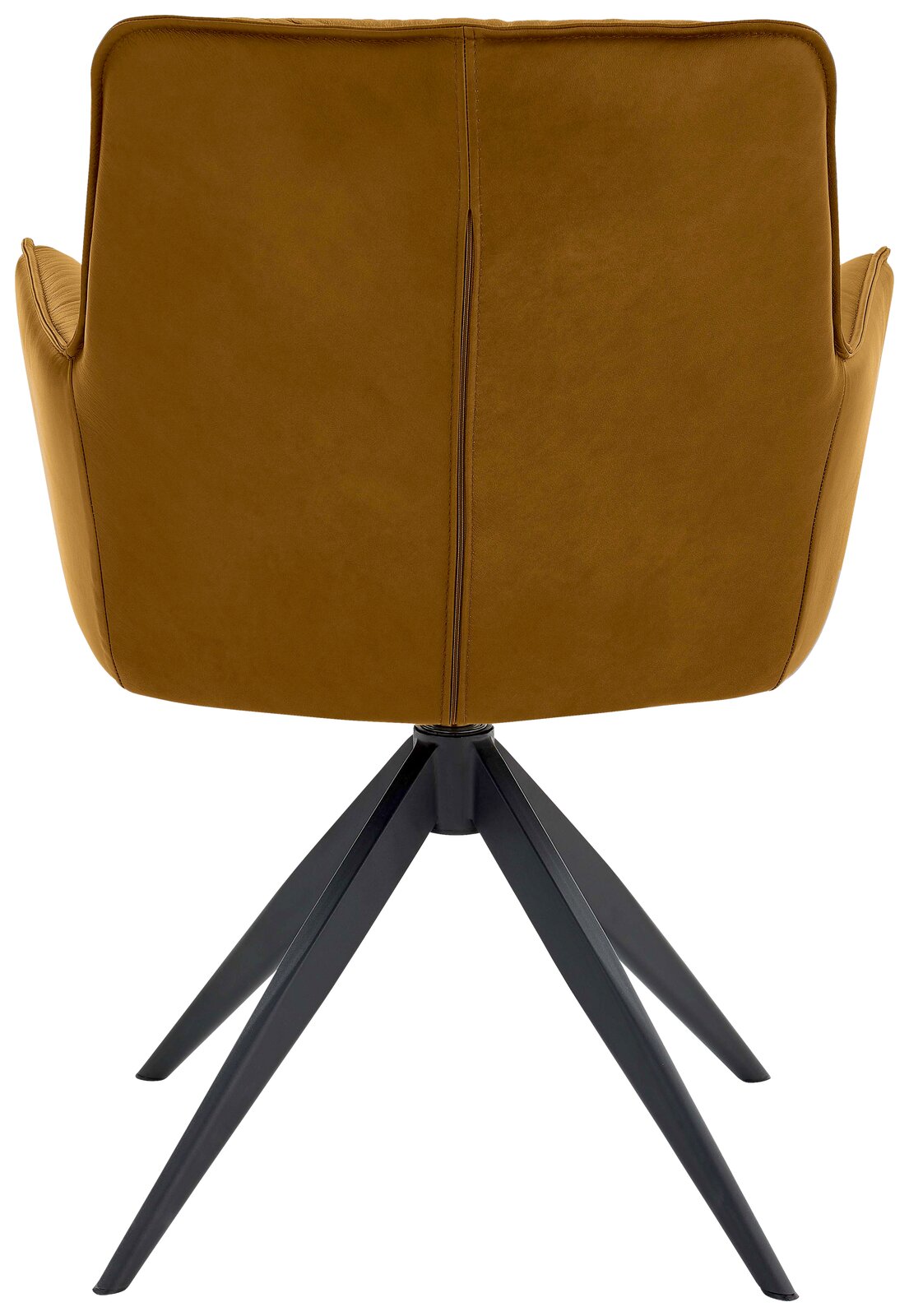 Rückansicht eines modernen Design-Schalensessels mit braunem Bezug und schwarzem Metallgestell.