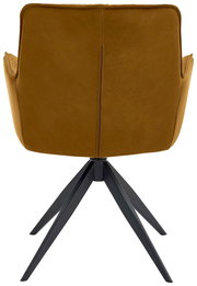 Rückansicht eines modernen Design-Schalensessels mit braunem Bezug und schwarzem Metallgestell.