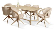 Eethoek met zes moderne stoelen met armleuningen en een rechthoekige houten tafel, zijaanzicht