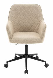 Beiger Drehstuhl mit gepolsterter Sitzfläche und Rückenlehne, auf schwarzem Rollfußgestell, Frontalansicht.