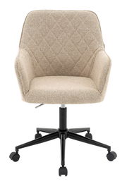 Beiger Drehstuhl mit gepolsterter Sitzfläche und Rückenlehne, auf schwarzem Rollfußgestell, Frontalansicht.