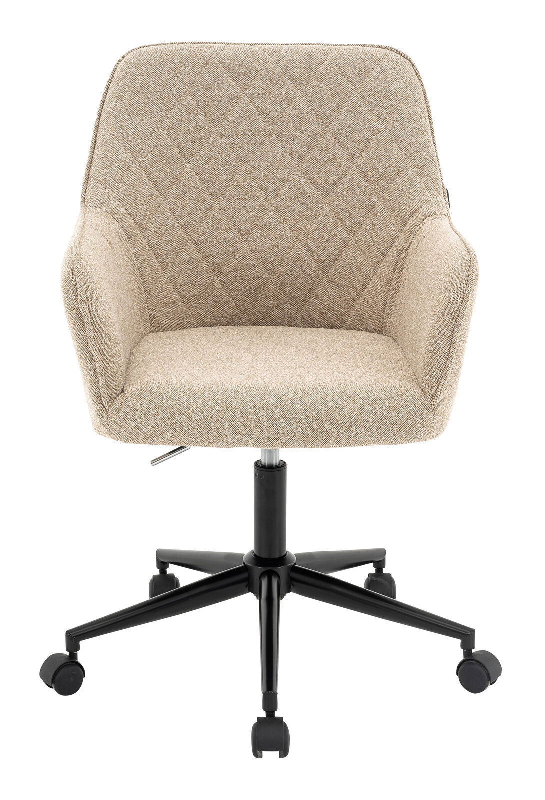 Beiger Drehstuhl mit gepolsterter Sitzfläche und Rückenlehne, auf schwarzem Rollfußgestell, Frontalansicht.